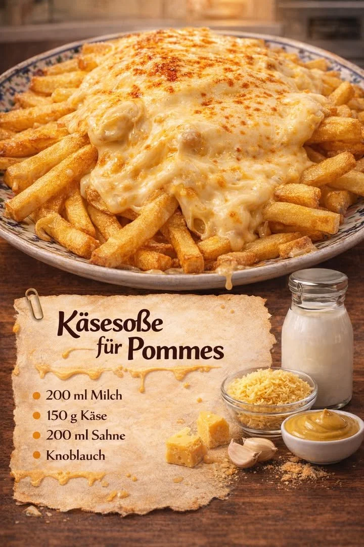 Cremige Pommes Soße serviert mit knusprigen Pommes auf einem Teller.