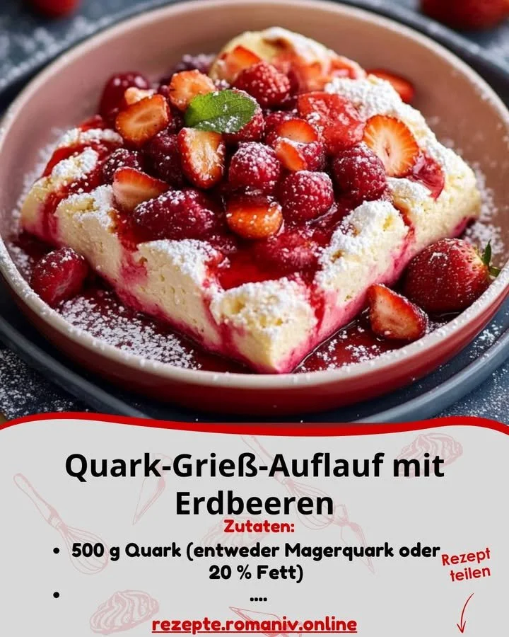 Quark-Grieß-Auflauf mit frischen Erdbeeren serviert auf einem Teller