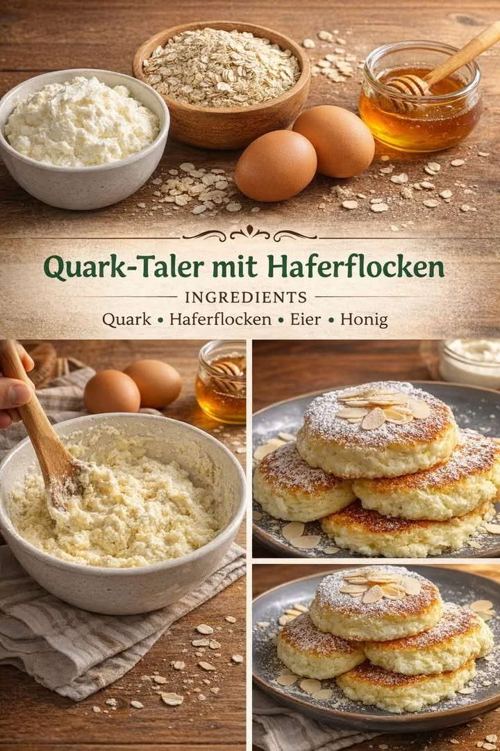 Leckere Quark-Taler auf einem Teller, dekoriert mit Früchten.