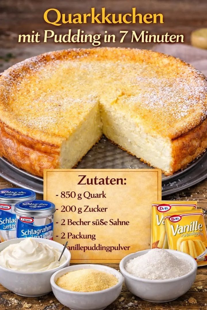 Quarkkuchen mit Pudding, schnell und einfach in 7 Minuten zubereitet