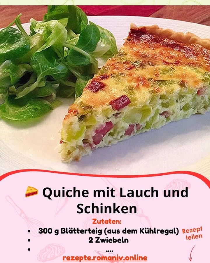 Quiche mit Lauch und Schinken auf einem Teller serviert