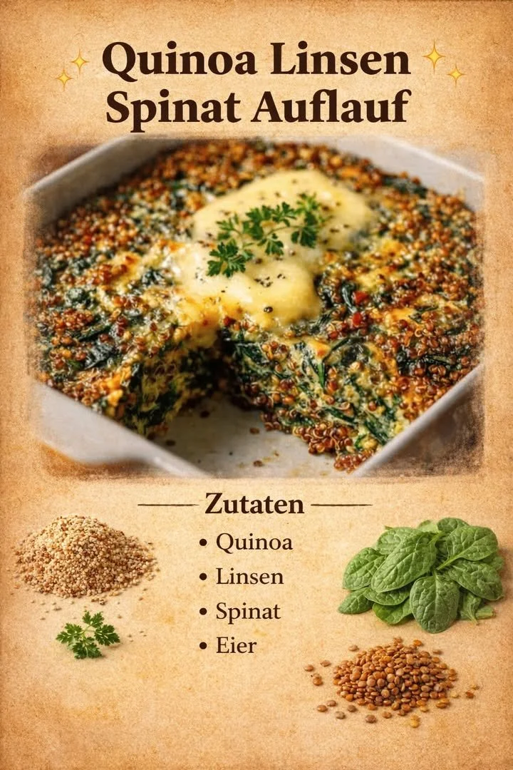 Quinoa-Linsen-Auflauf mit Spinat auf einem Teller serviert