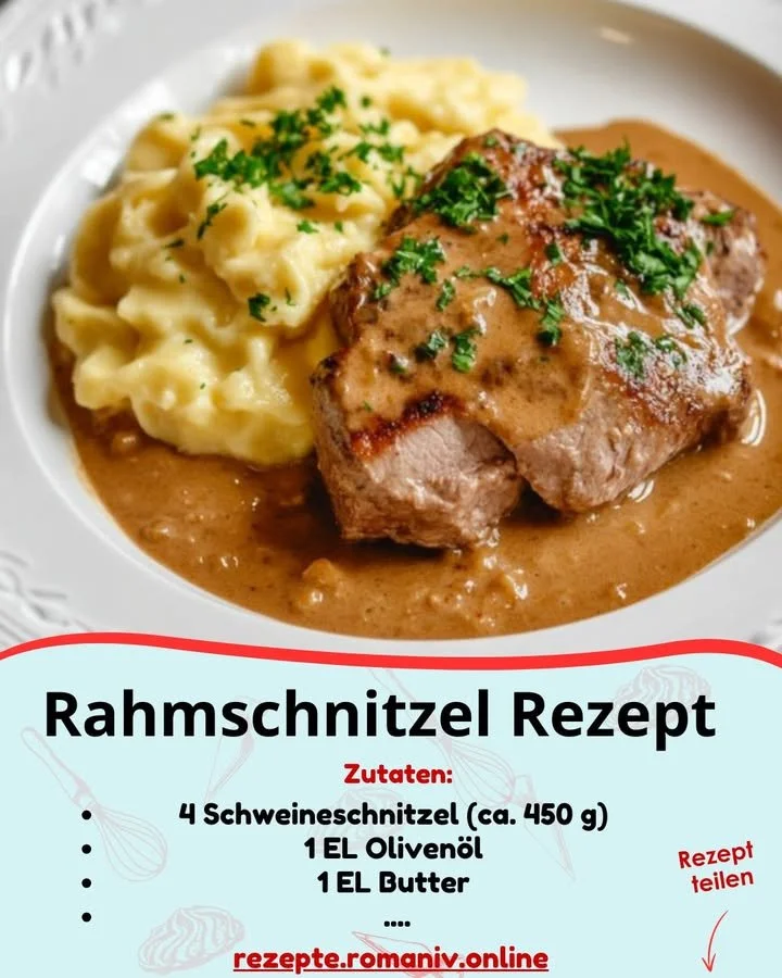 Rahmschnitzel in cremiger Sauce auf einem Teller angerichtet.