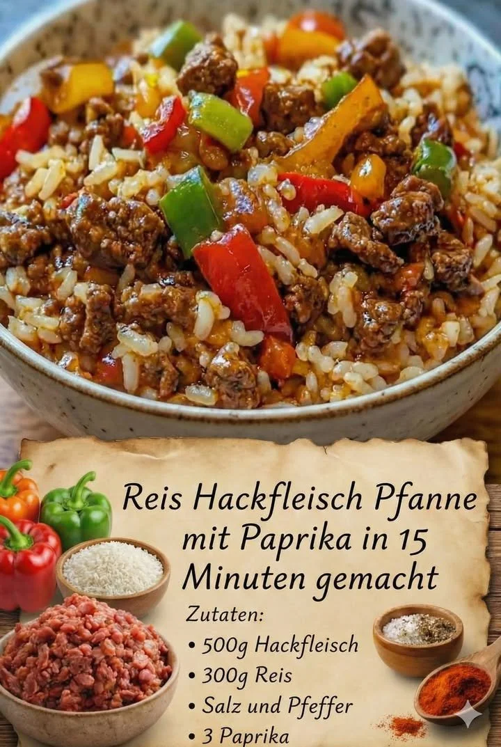 Reis Hack Paprika Pfanne Rezept - einfaches Ein-Pfannen-Gericht in 15 Minuten
