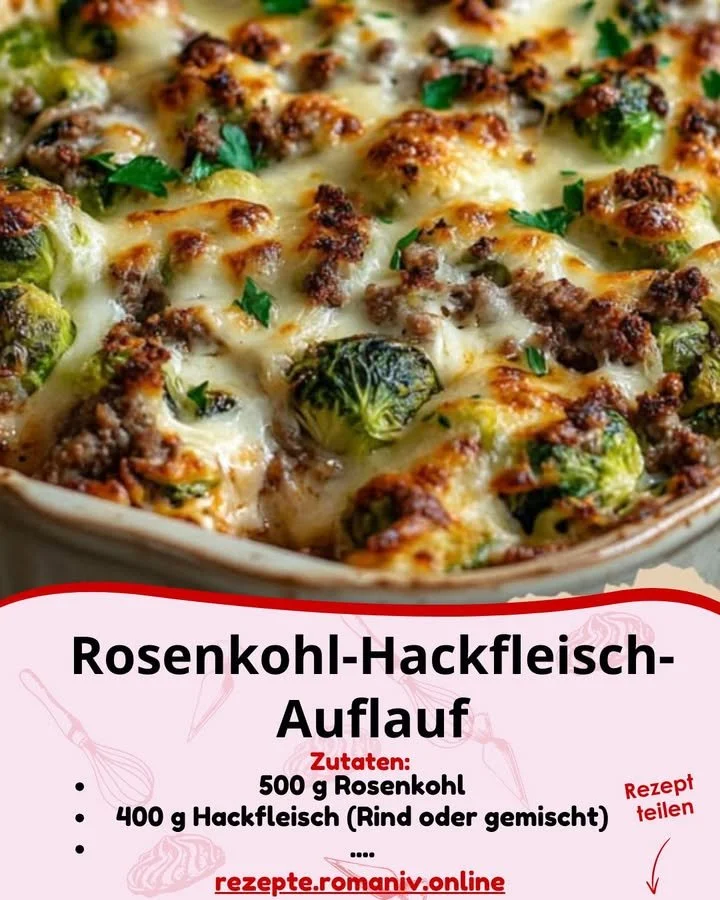 Rosenkohl-Hackfleisch-Auflauf mit Käse und Gewürzen im Auflaufform