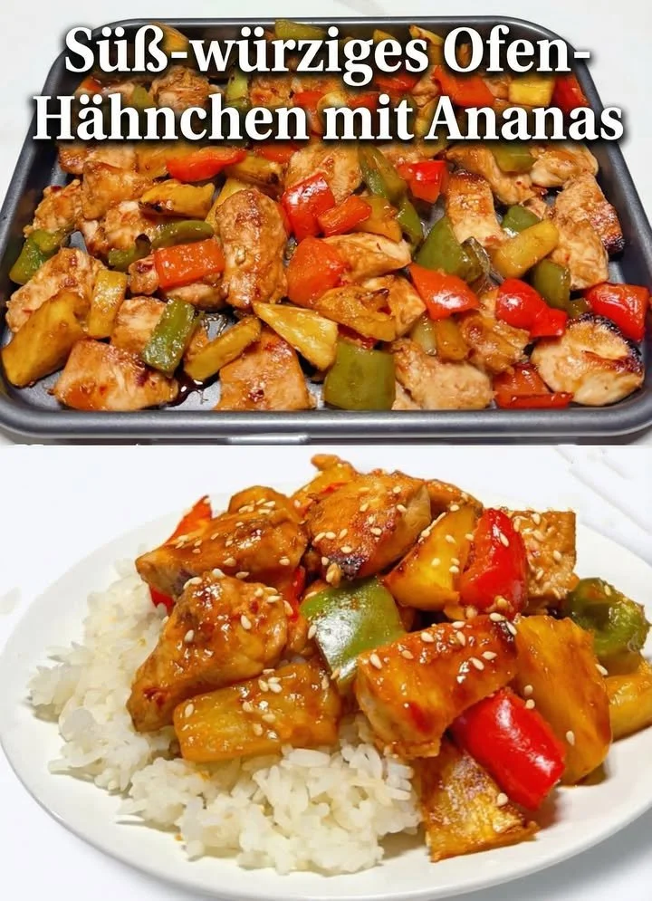 Saftiges Hähnchen mit Gemüse und Ananas auf einem Teller serviert.