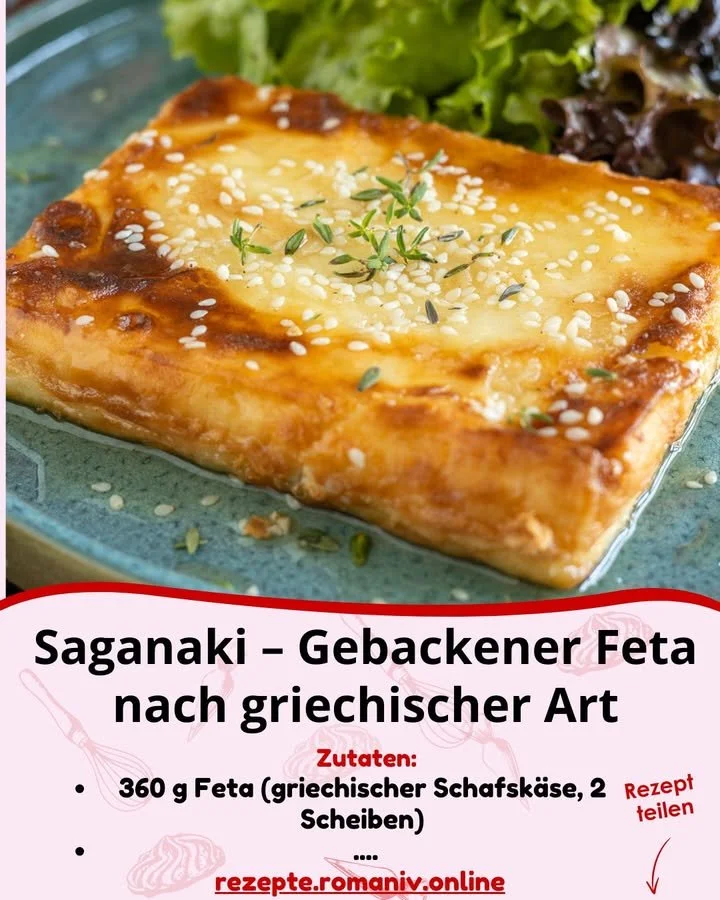 Saganaki - gebackener Feta serviert auf einem Teller mit frischen Kräutern.