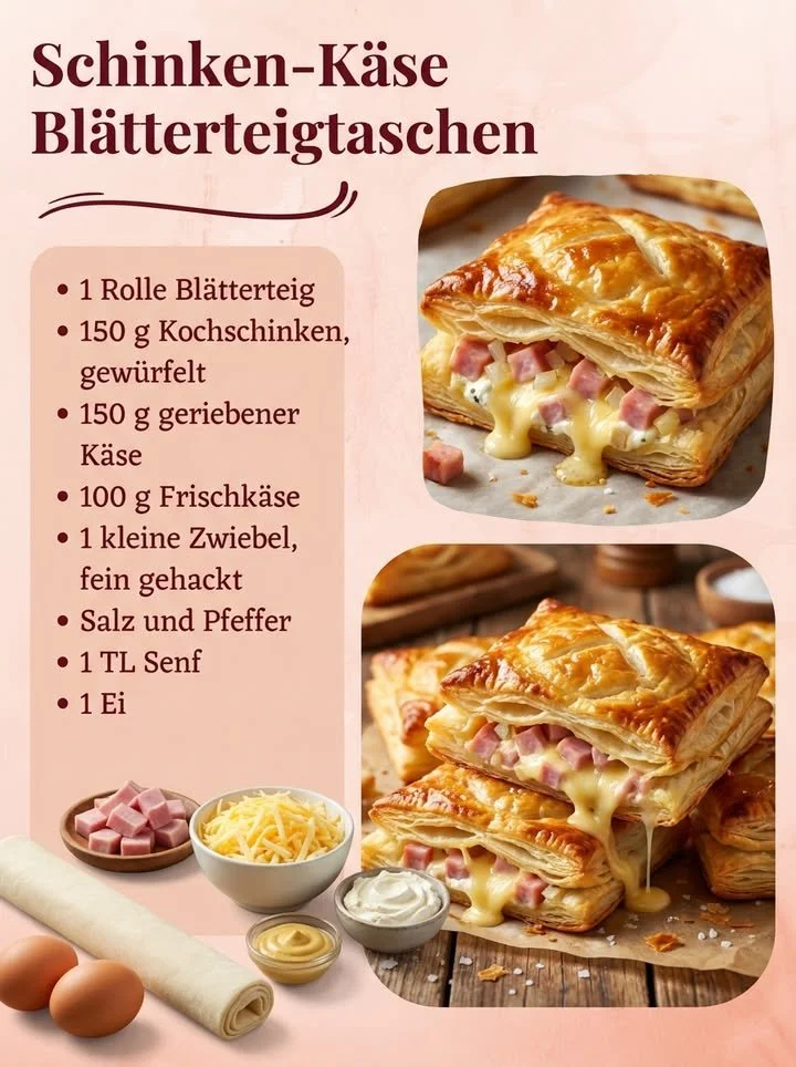 Leckere Schinken-Käse Blätterteigtaschen auf einem Teller serviert