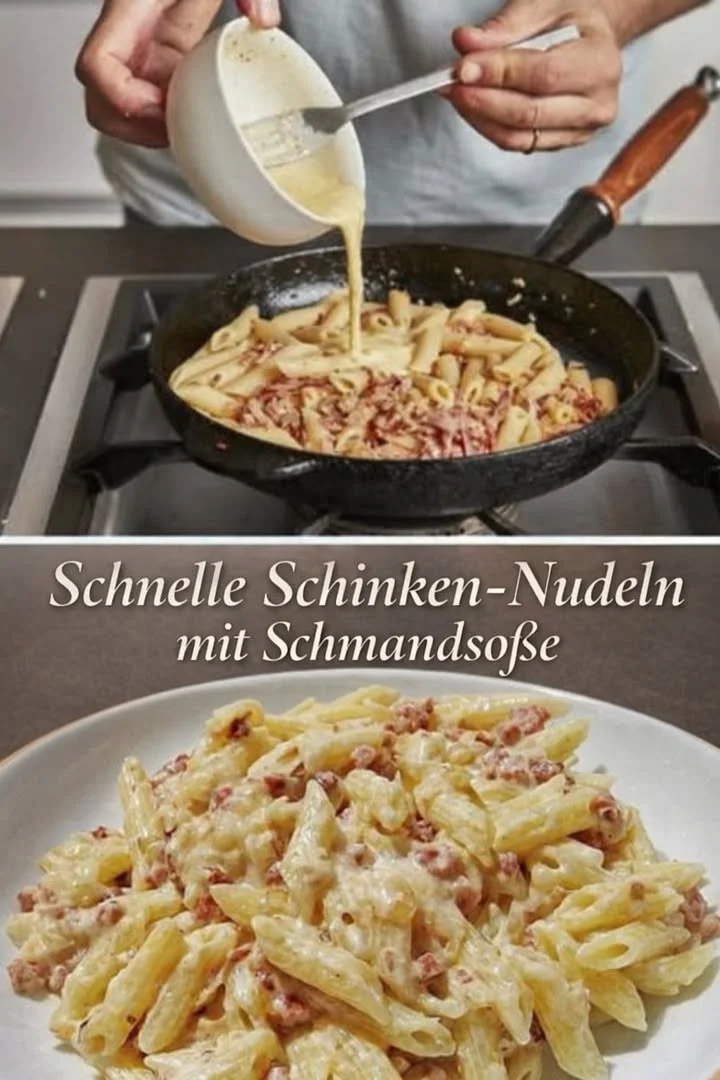 Schinken-Nudeln in cremiger Schmandsoße serviert auf einem Teller