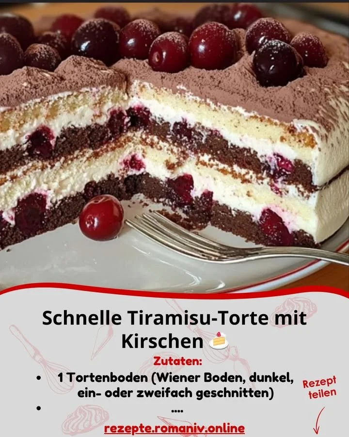 Schnelle Tiramisu-Torte mit Kirschen auf einem Tablett