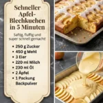 Schneller Apfel-Blechkuchen, frisch aus dem Ofen, serviert auf einem Teller.