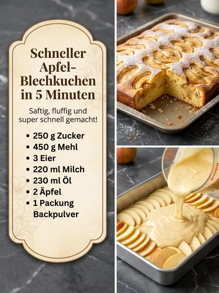 Schneller Apfel-Blechkuchen, frisch aus dem Ofen, serviert auf einem Teller.