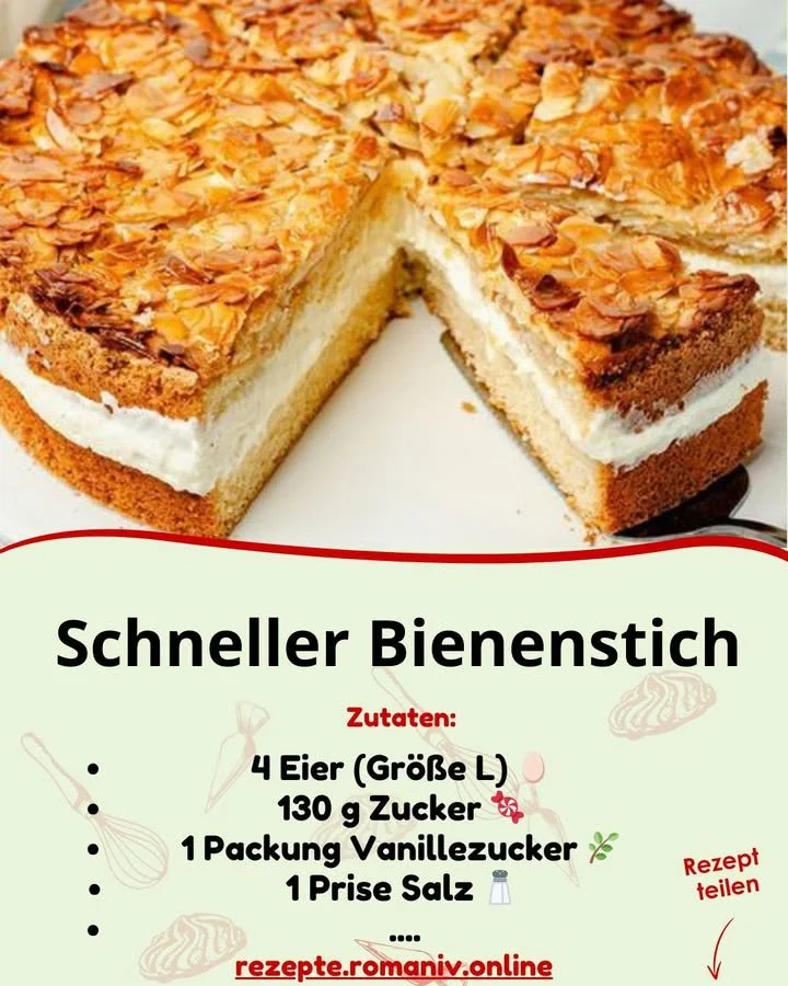 Schneller Bienenstich Kuchen mit Mandeln und Sahnefüllung.