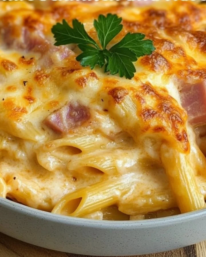 Schneller Nudelauflauf mit Schinken und Käse frisch aus dem Ofen