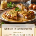 Schnitzel in cremiger Senfsoße, serviert auf einem weißen Teller