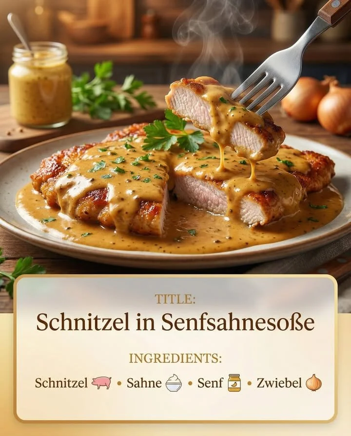 Schnitzel in cremiger Senfsoße, serviert auf einem weißen Teller