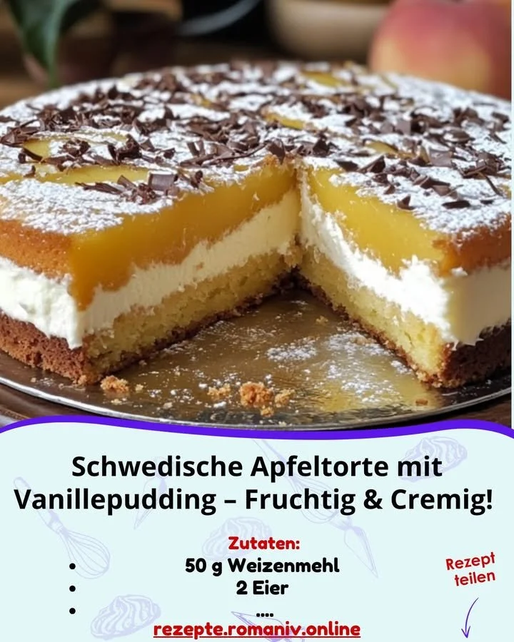 Schwedische Apfeltorte mit cremigem Vanillepudding auf einem Teller