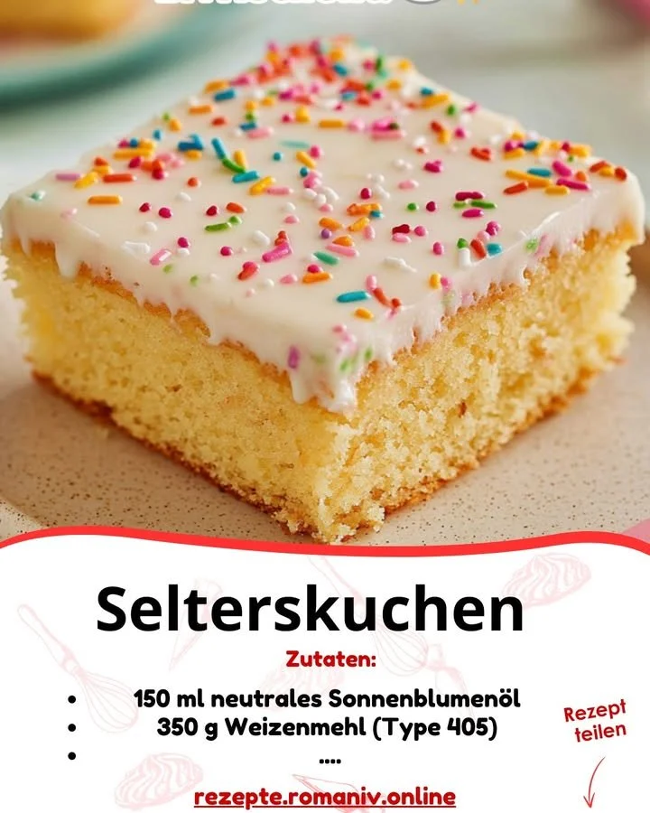 Saftiger und lockerer Selterskuchen, frisch gebacken und serviert.
