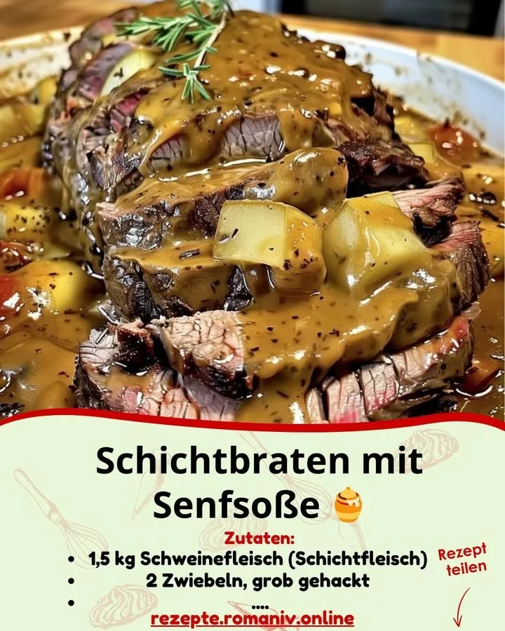 Senf-Schichtbraten in cremiger Soße serviert auf einem Teller