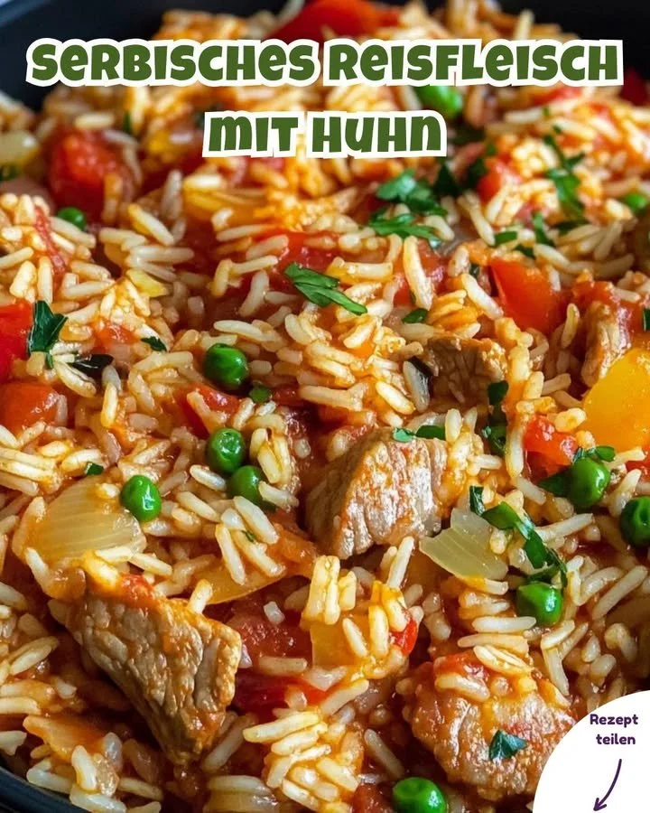 Schüssel mit serbischem Reisfleisch, Paprika und Huhn serviert.