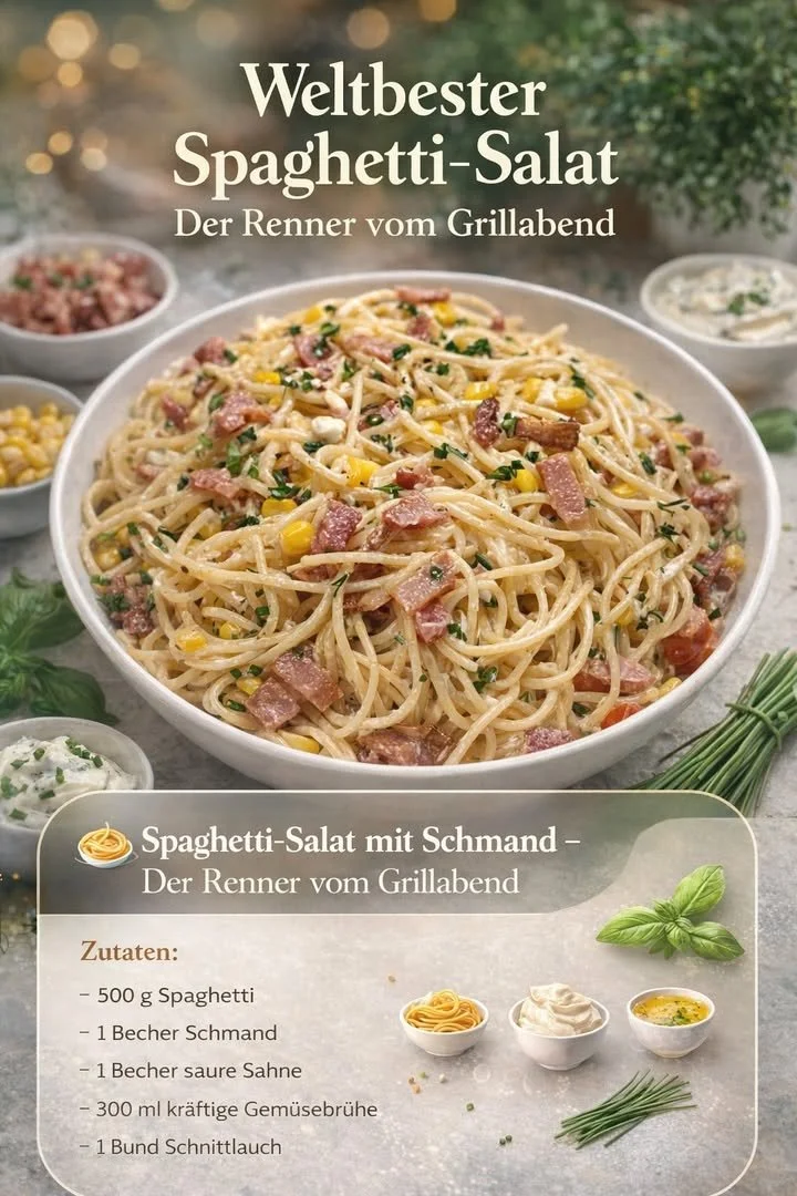 Leckere Portion Spaghetti-Salat mit Schmand auf einem weißen Teller