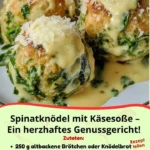 Spinatknödel serviert mit cremiger Käse-Soße auf einem Teller
