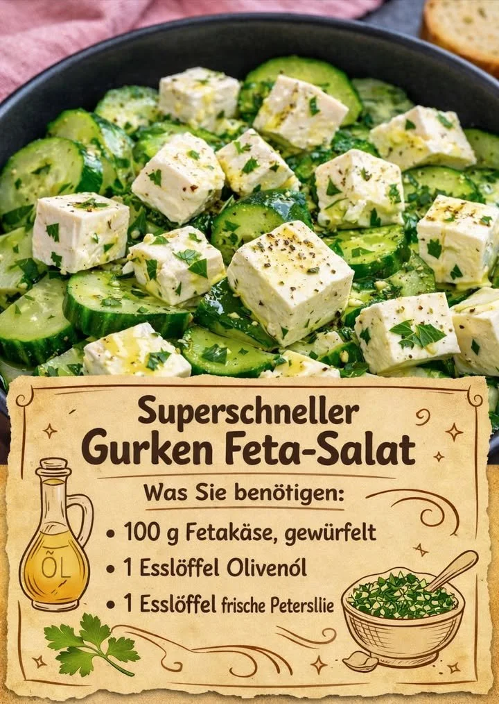 Überblick über einen leckeren Gurken-Feta-Salat in einer Schüssel