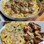 Tagliatelle mit Pilzsauce und Fleischbällchen auf einem Teller
