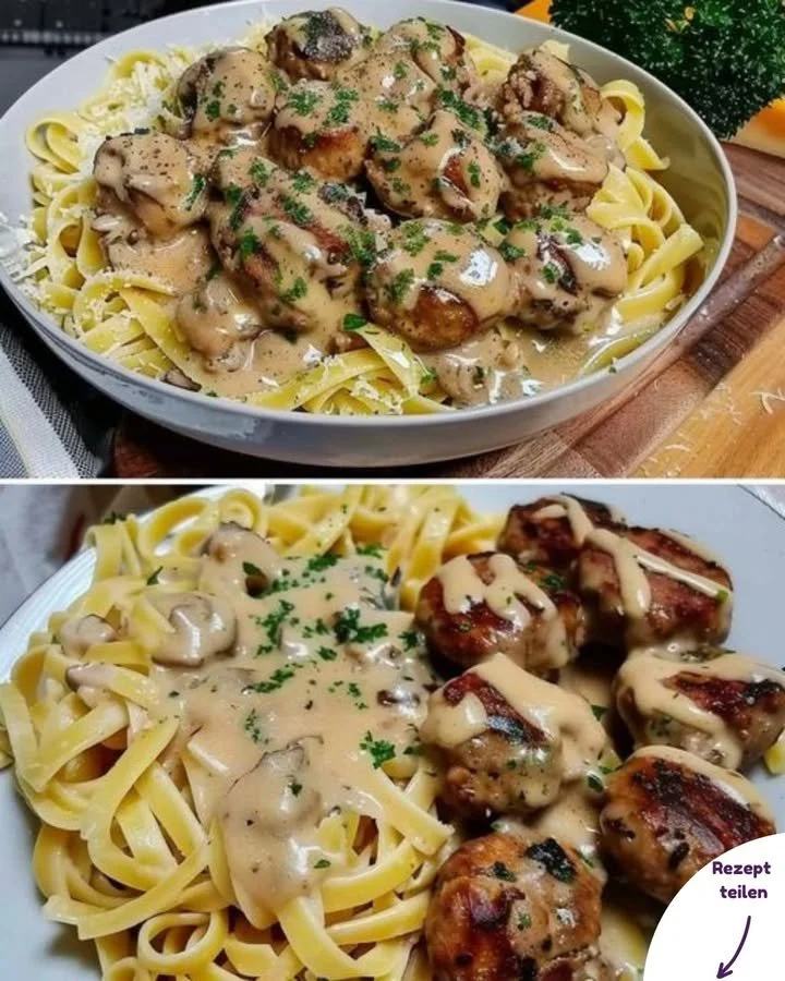 Tagliatelle mit Pilzsauce und Fleischbällchen auf einem Teller