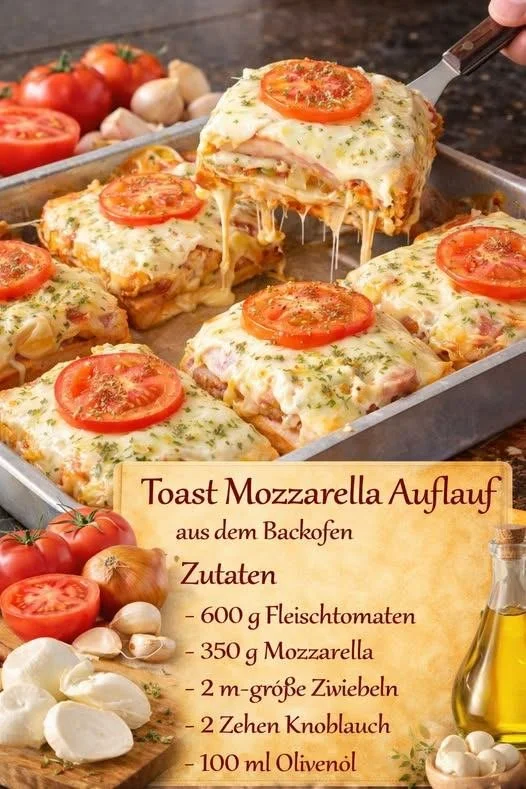 Toast Mozzarella Auflauf frisch aus dem Backofen serviert.