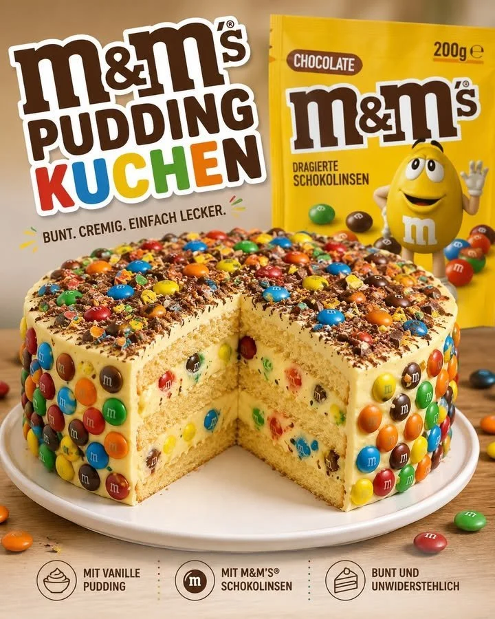 Traumkuchen mit Vanille-M&M'S-Pudding auf einem Teller