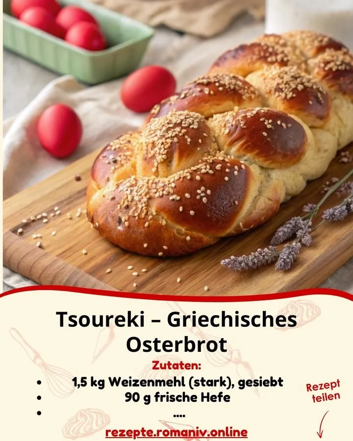 Frisches Tsoureki, griechisches Osterbrot mit bunten Eiern, auf einem Tisch präsentiert.