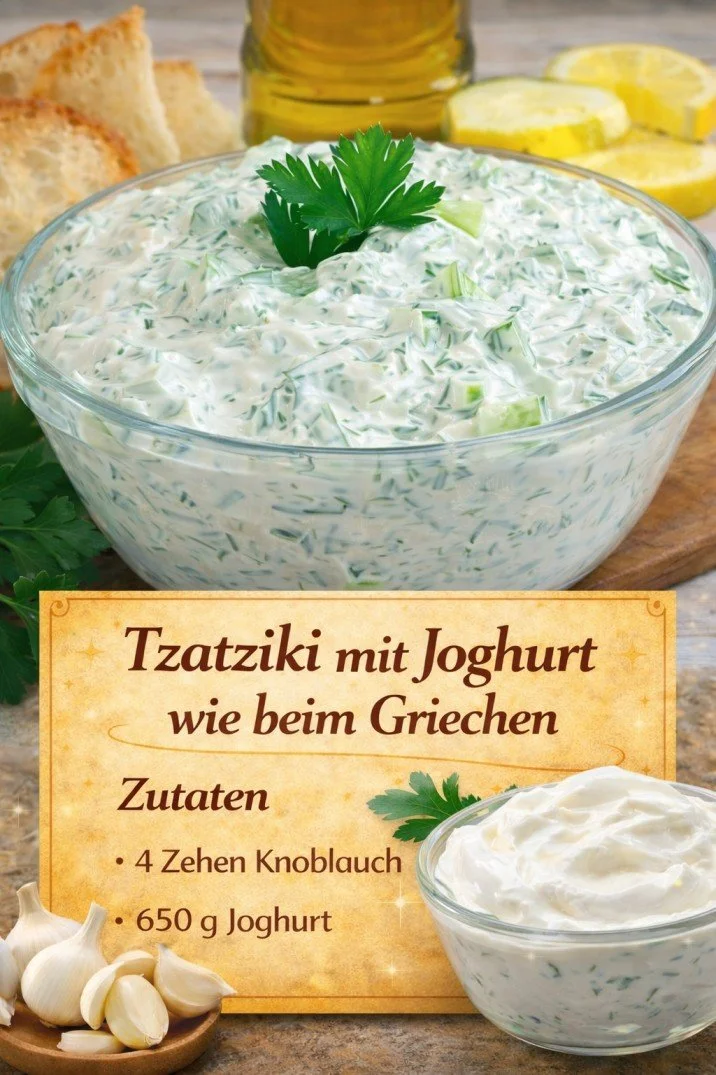 Selbstgemachtes Tzatziki wie beim Griechen mit Gurken und Joghurt.