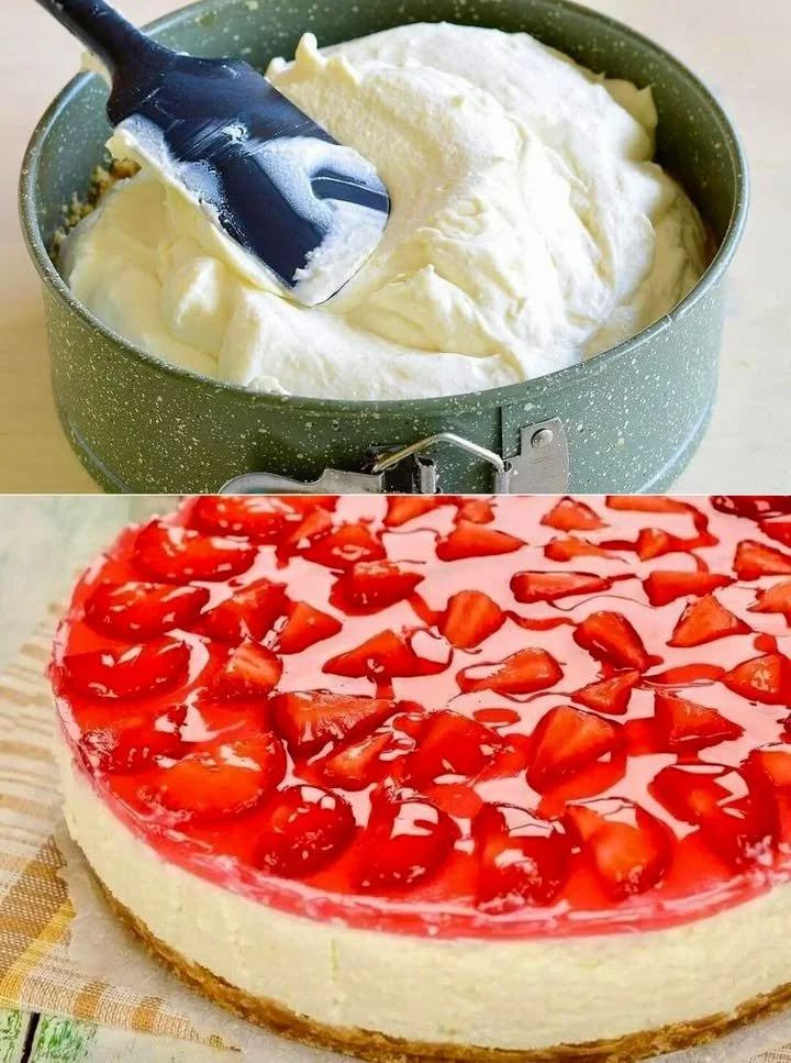 Ultracremiger Erdbeerkäsekuchen ohne Backen in einem schönen Dessertteller.