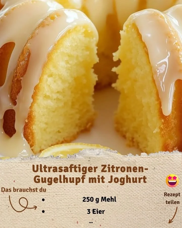 Ultrasaftiger Zitronen-Gugelhupf mit Joghurt auf einem Teller