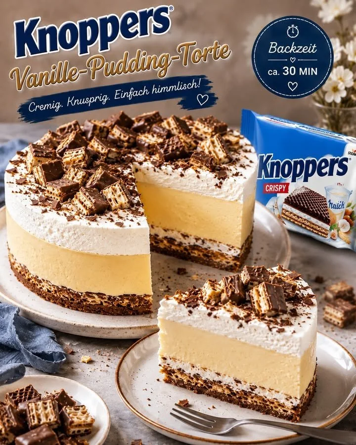 Leckere Vanillepudding-Knoppers-Torte mit zarter Vanillepudding-Schicht