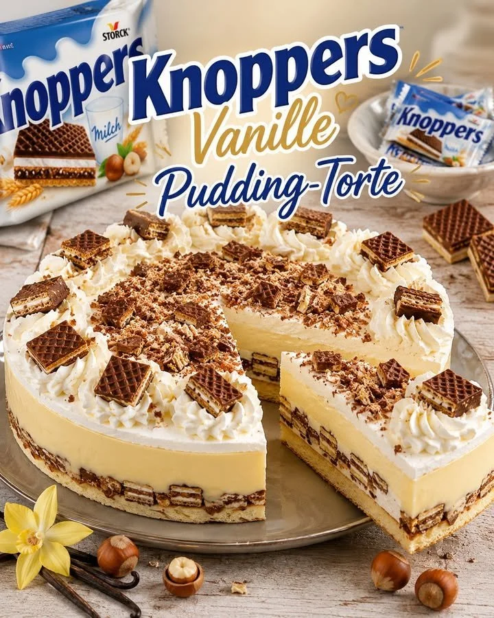 Vanillepudding-Torte mit Knoppers auf einem Teller