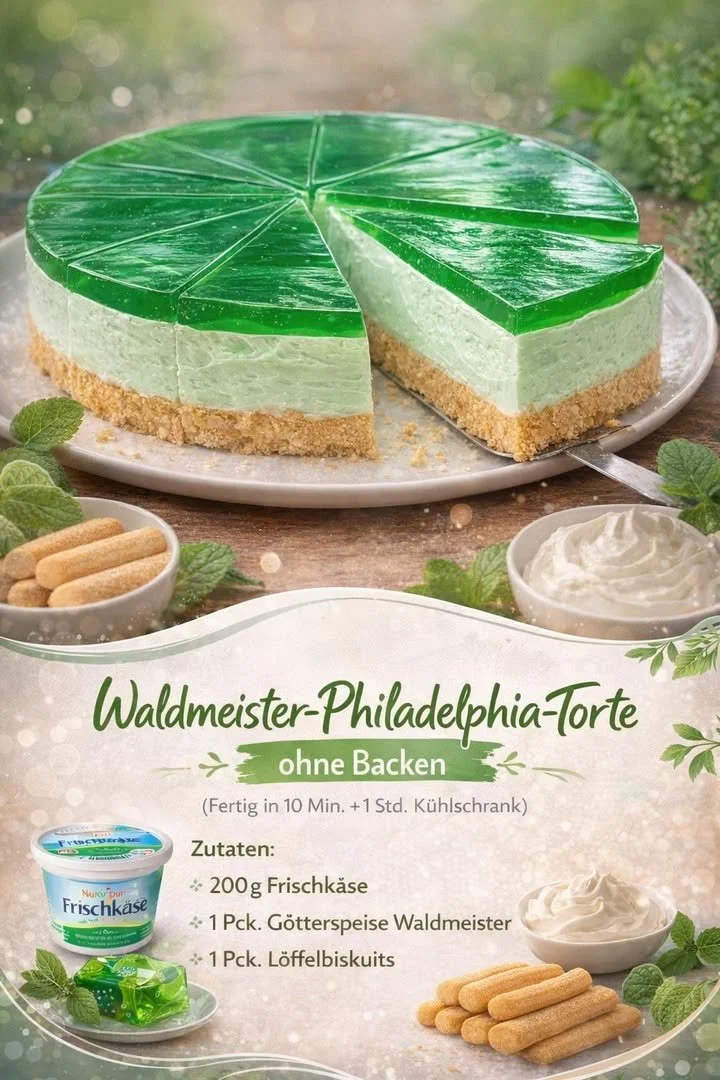 Waldmeister No-Bake-Torte mit frischer Waldmeistercreme und Dekoration