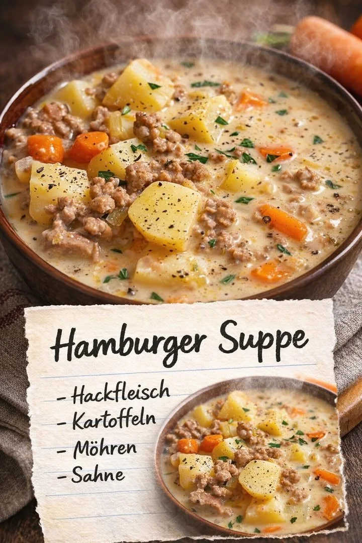 Schüssel mit dampfender wärmender Suppe auf einem Holztablett
