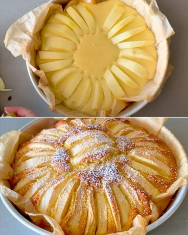 Weicher Apfelkuchen mit einer knusprigen Kruste und frischen Äpfeln