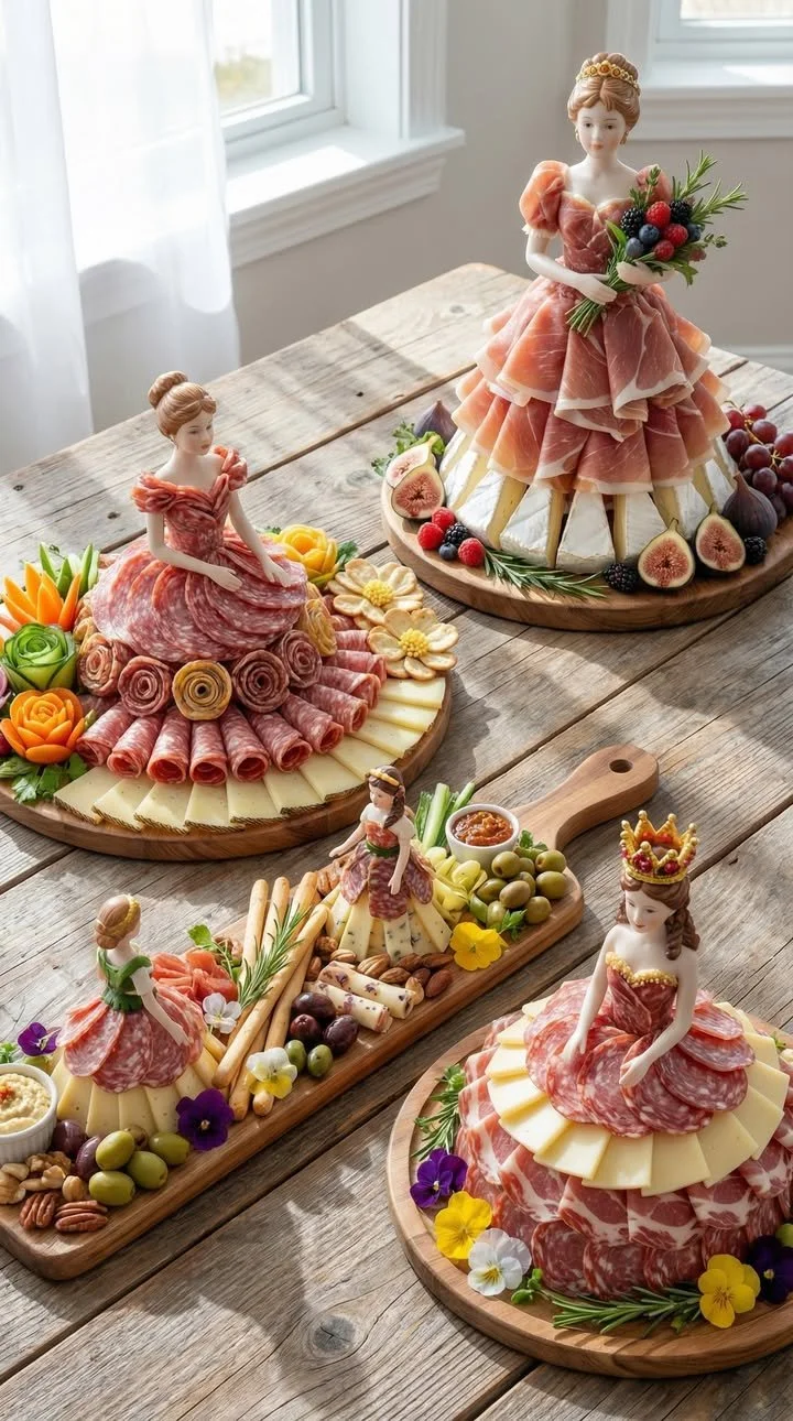 Märchenbuffet mit Salamiroben, Käsefächern und frischen Früchten auf einem festlichen Tisch.