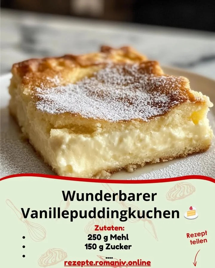 Wunderbarer Vanillepuddingkuchen mit frischer Vanille und Sahne.