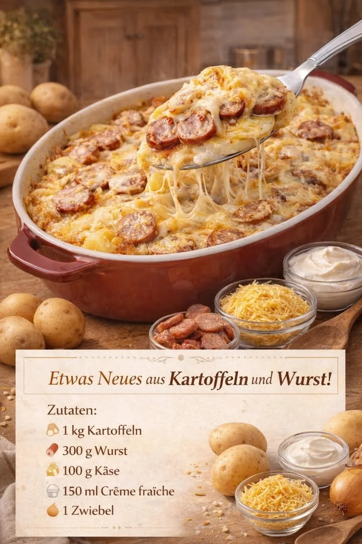 Wurst-Kartoffel-Auflauf mit Käse überbacken in einer Auflaufform