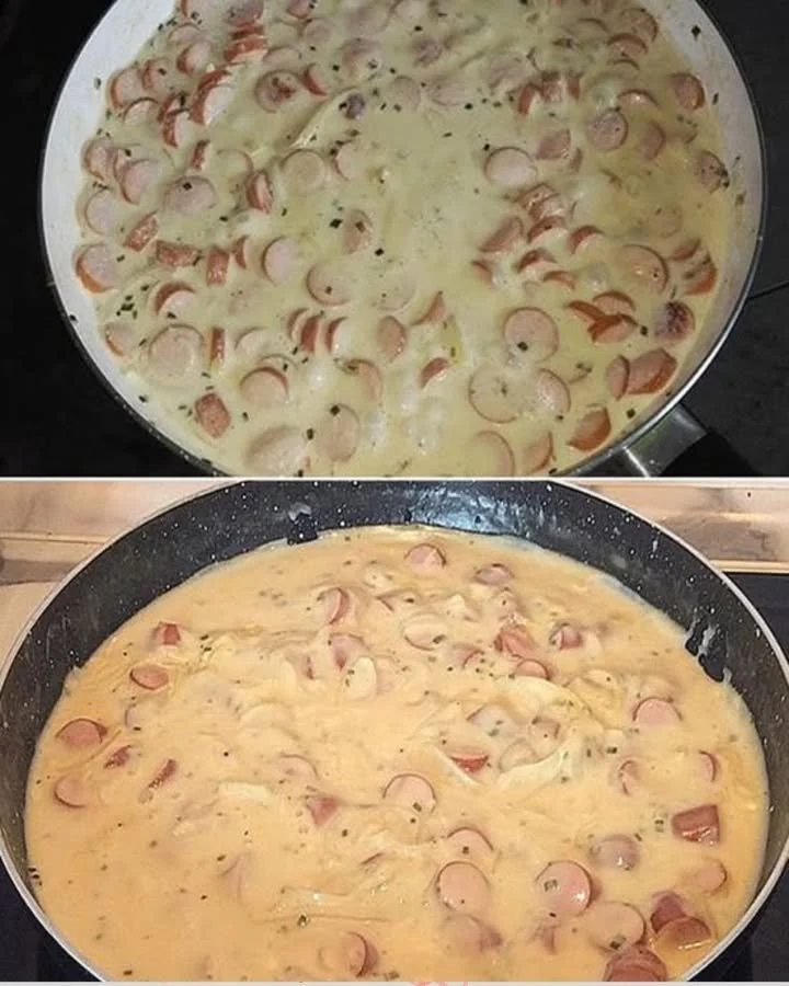 Würstchen-Gulasch mit Penne auf einem Teller serviert
