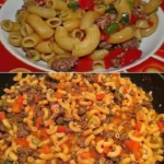 Würzige Hackfleisch-Gabelspaghetti aus der Pfanne serviert auf einem Teller
