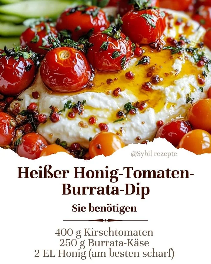 Würziger Honig-Tomaten-Burrata-Dip mit frischen Zutaten