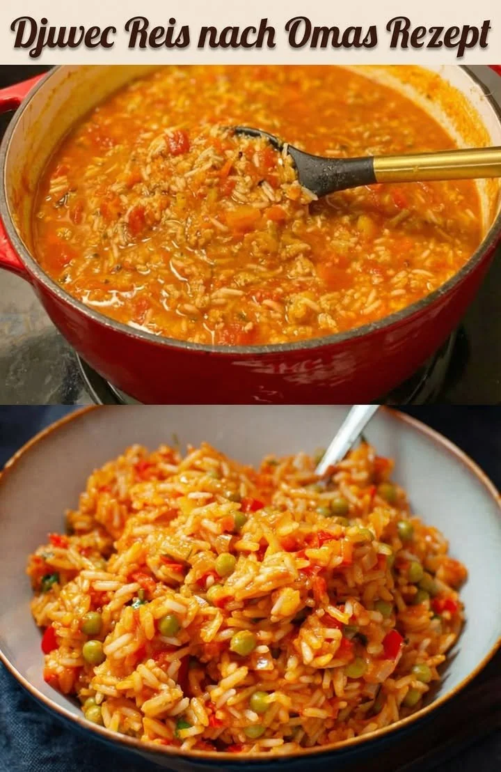 Würziger Reis mit Paprika und Tomaten auf einem Teller serviert