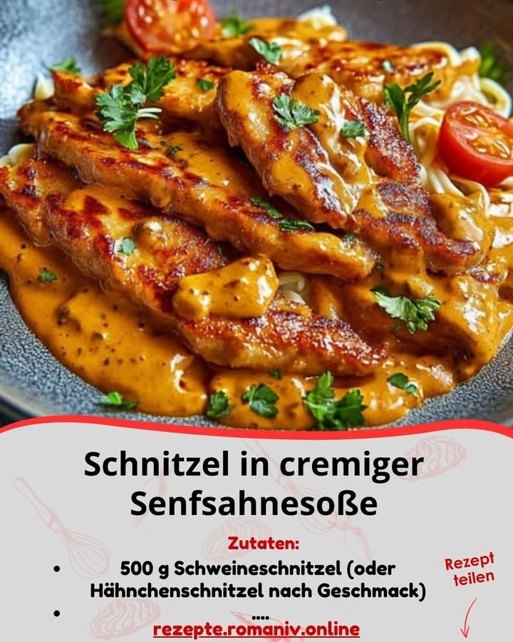 Zarte Schnitzel serviert in cremiger Senfsahnesoße auf einem Teller