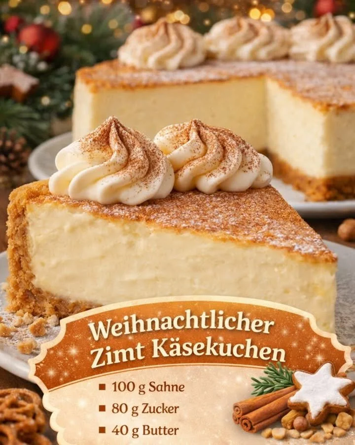 Ein Stück Zimt-Käsekuchen auf einem Teller mit Zimtstangen und Kaffeetasse