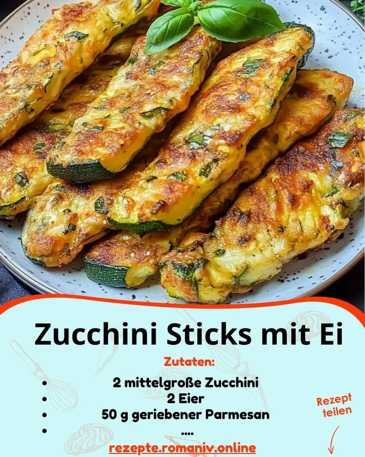 Zucchini-Sticks mit Ei, lecker angerichtet auf einem Teller